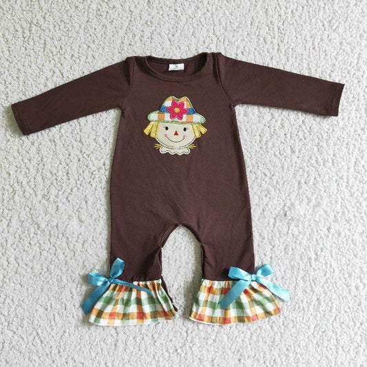 1025 brown long sleeve cartoon jackstraw scarecrow embroidert girl romper