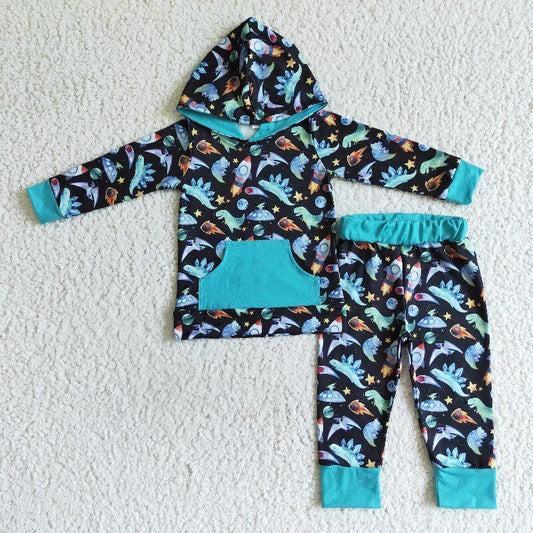 RTS1025 green dinosaur long sleeve long jogger pants baby boy hoodie outfit