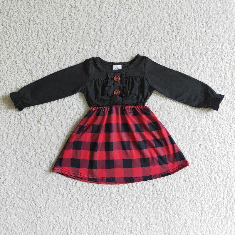 promotion GLD0072 RTS black red plaid bow long sleeves girl dress pajamas outfit 1109