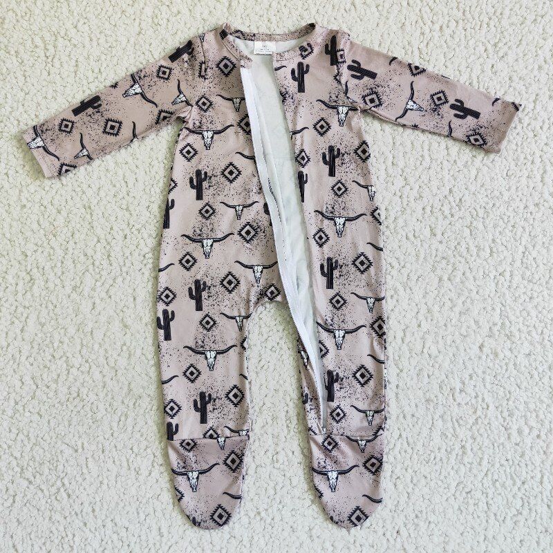 PROMOTION PRICE  LR0074   RTS cow brown long sleeve zipper baby boy girl sleep romper 20230221