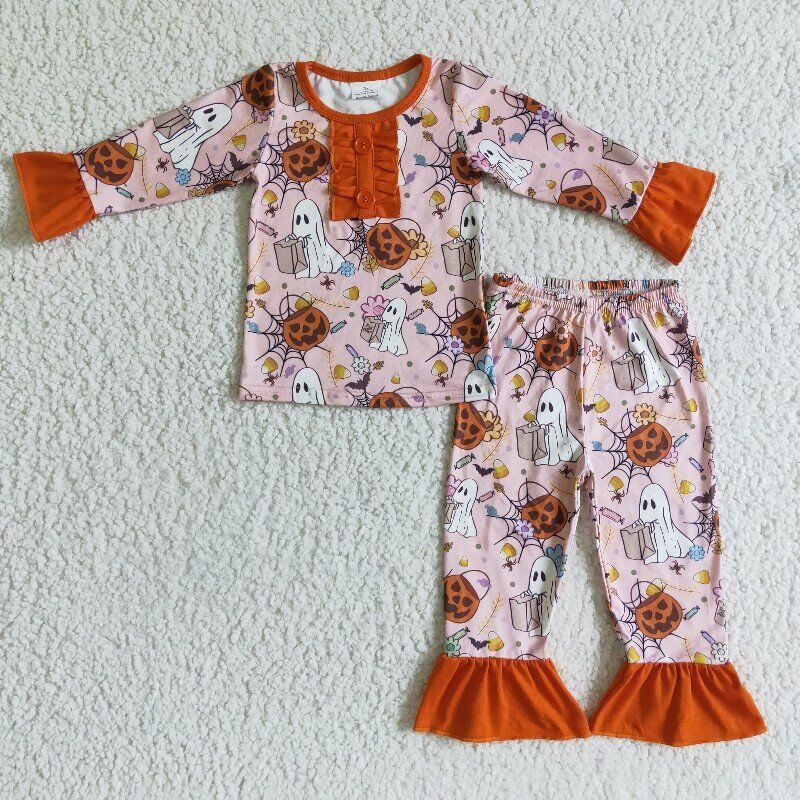 1025 RTS orange pumpkin white head long sleeve jogger girl pajamas outfit