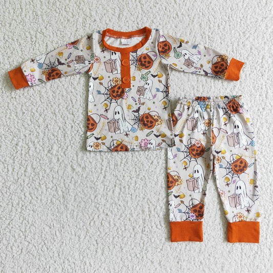 RTS white head orange pumpkin halloween long sleeve jogger boy pajamas outfit 1025