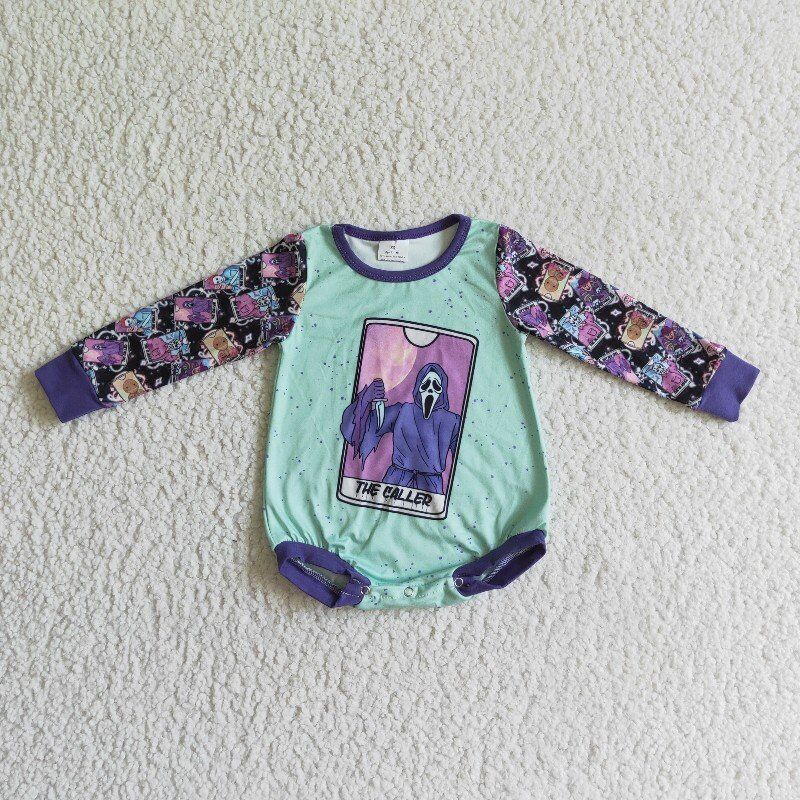 purple green halloween skull goast long sleeve baby boy bubble romper 1025 rts