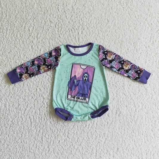 purple green halloween skull goast long sleeve baby boy bubble romper 1025 rts