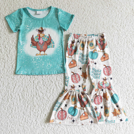 thanksgiving day girl outfits short sleeve turkey green 0928 RTS