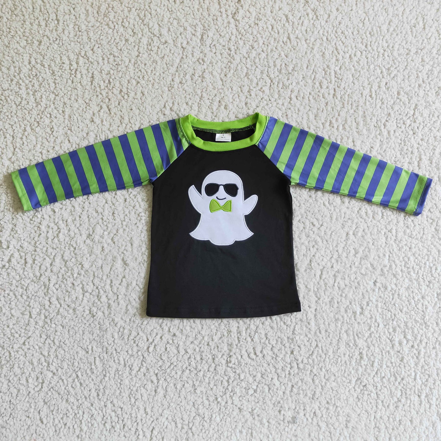 RTS Black green stripe boo halloween embroidery long sleeve top girl pullover 0912