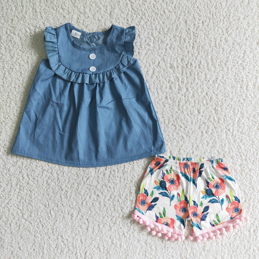 A8-4 promotion RTS outfit girl floral blue denim shorts set
