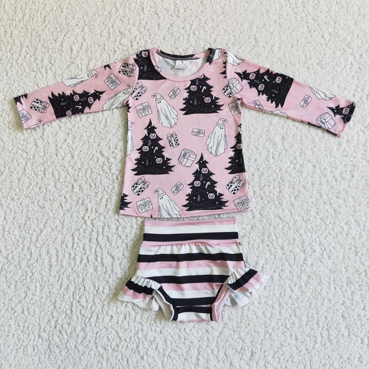 promotion RTS GBO0051  pink Christmas tree Halloween long sleeve top girl clothes stripe bummies set 0819