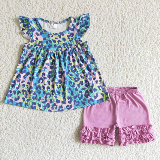 GSSO0025 green blue floral leopard print blue purple ruffles short sleeve shorts girl outfits 20230228 RTS