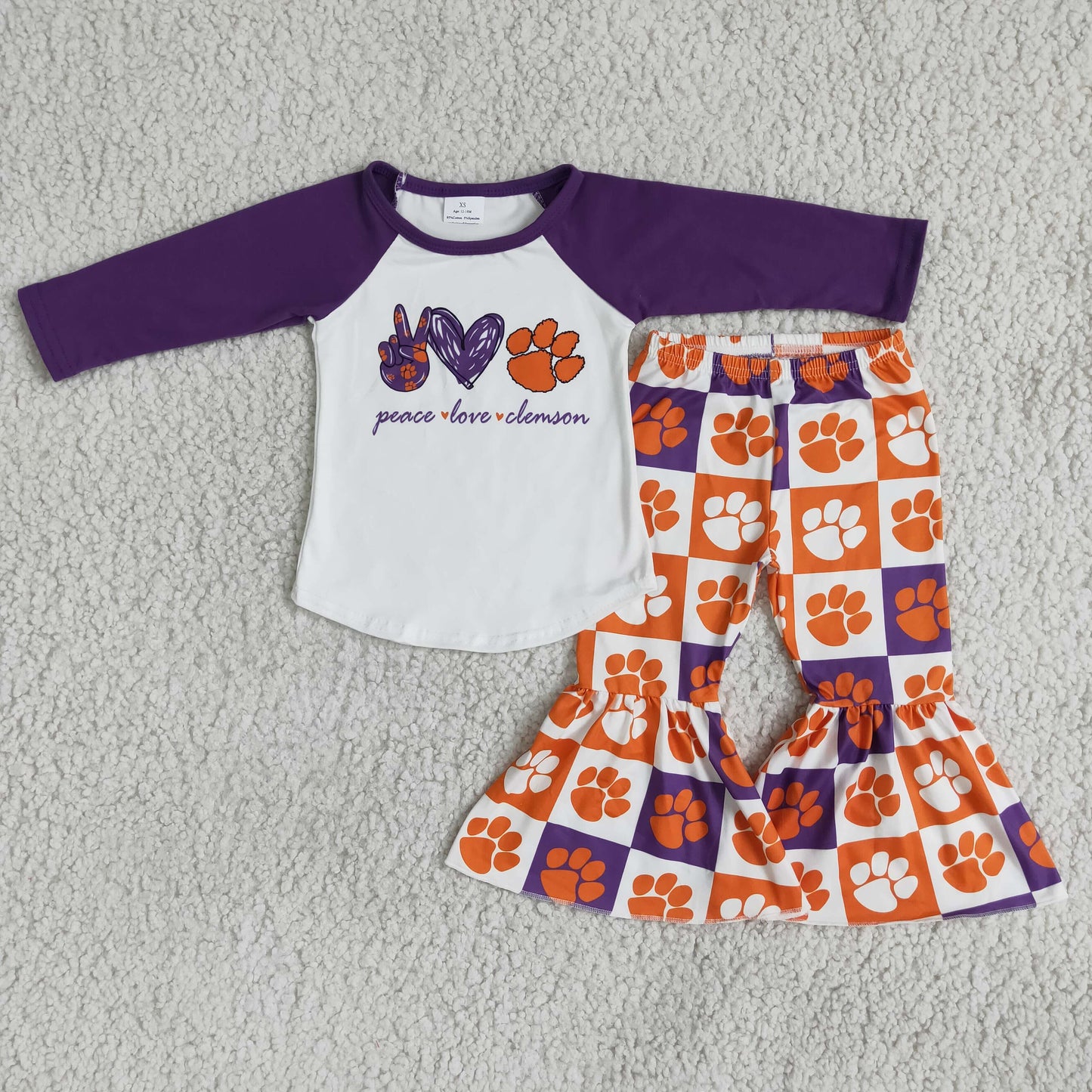 Team orange purple white raglan long sleeve bell bottom pant outfit