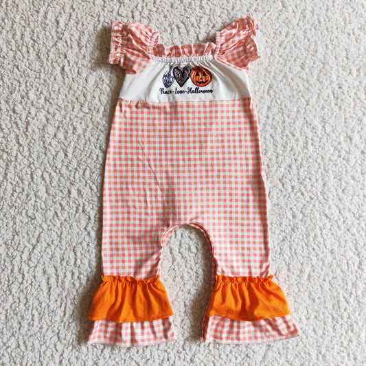 RTS 0923 halloween pumpkin orange white plaid ruffles girl short sleeve romper