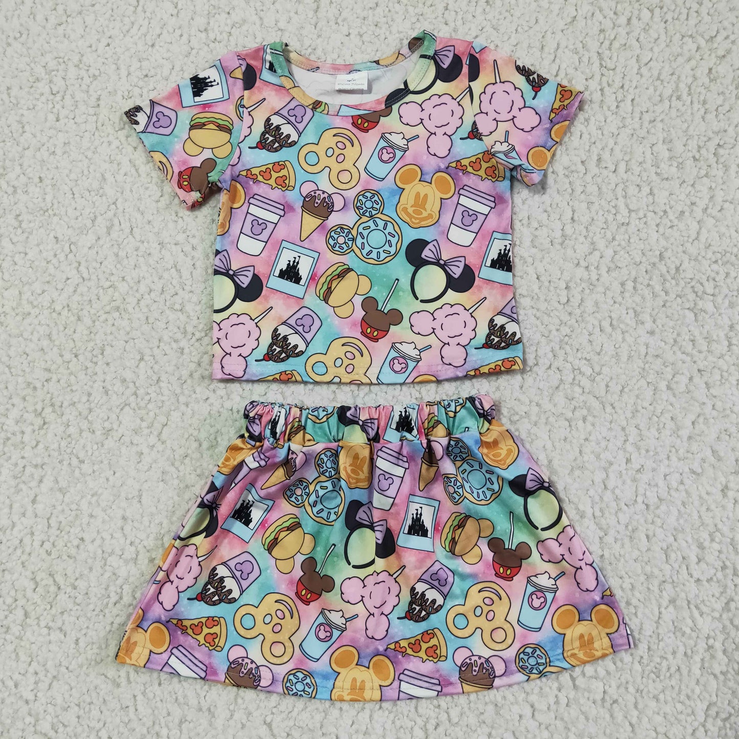 promotion price GSD0073 RTS pink cartoon mouse cookies top swirl skirt purple short sleeve girl outfits 0511