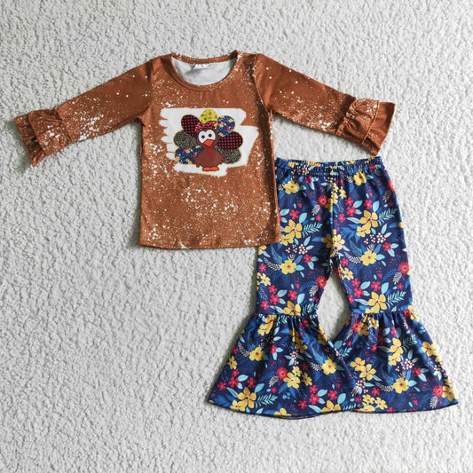 thanksgiving day girl outfits long sleeve brown floral bell bottoms pants turkey RTS 1017