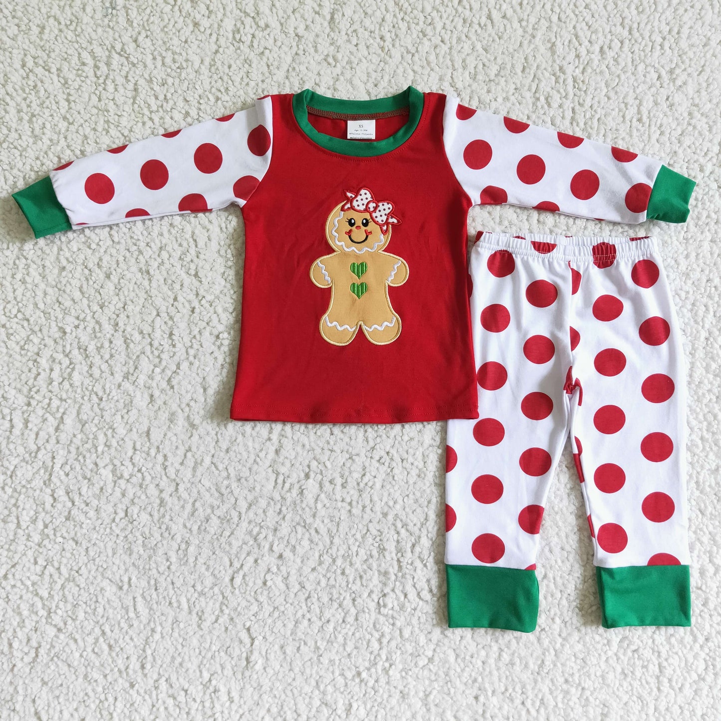 6A12-20 RTS christmas dot red green long sleeve embroidery ginger bread pajamas girl outfit