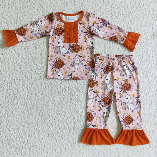 0824 RTS orange pumpkin halloween long sleeve girl pajamas outfit
