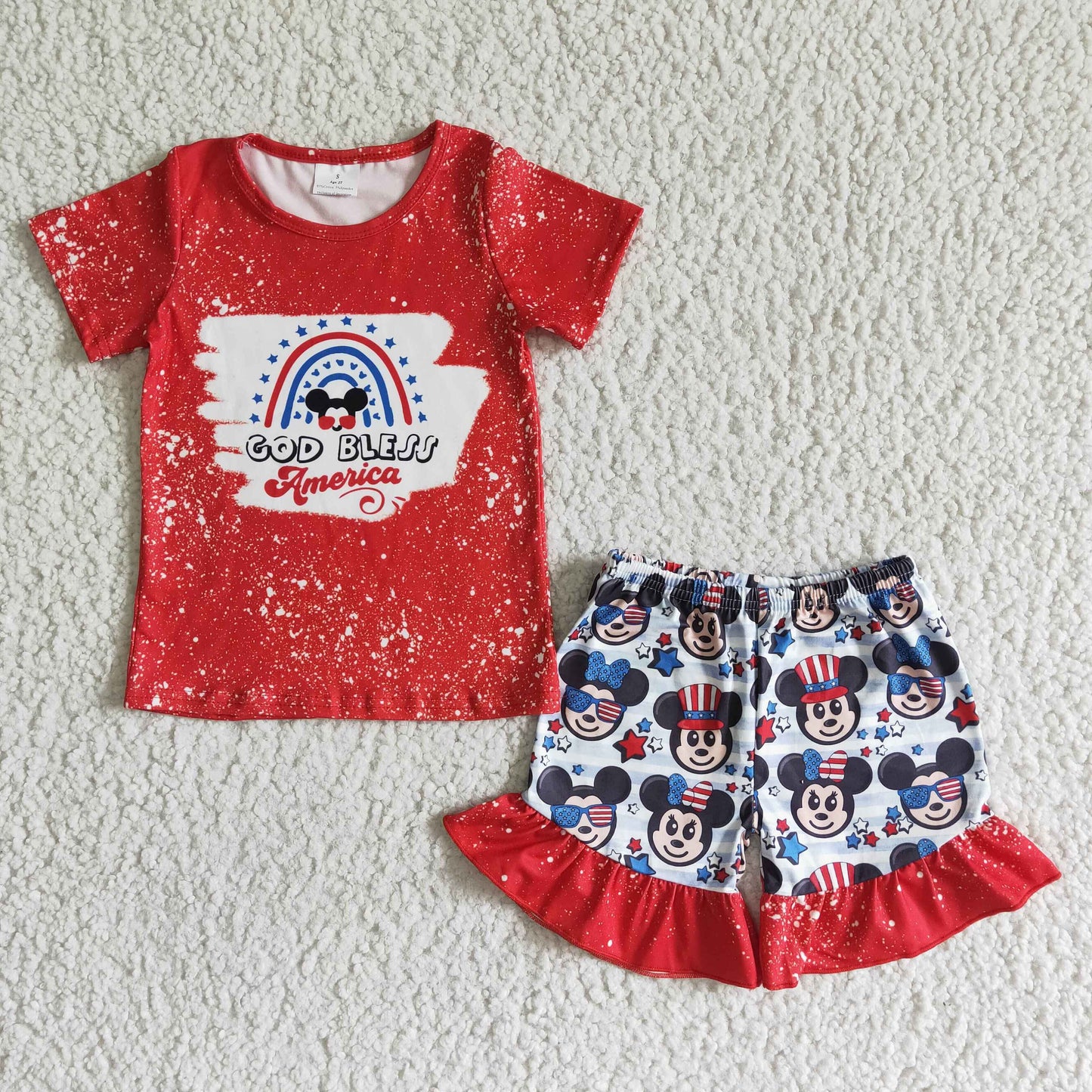 god bless America mouse short sleeve girl shorts outfit 0420