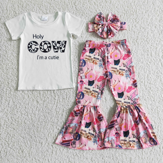 promotion 3pcs(choose headband below) holy cow I'm a cutie letters white pink short sleeve bell bottom girl outfits 0319