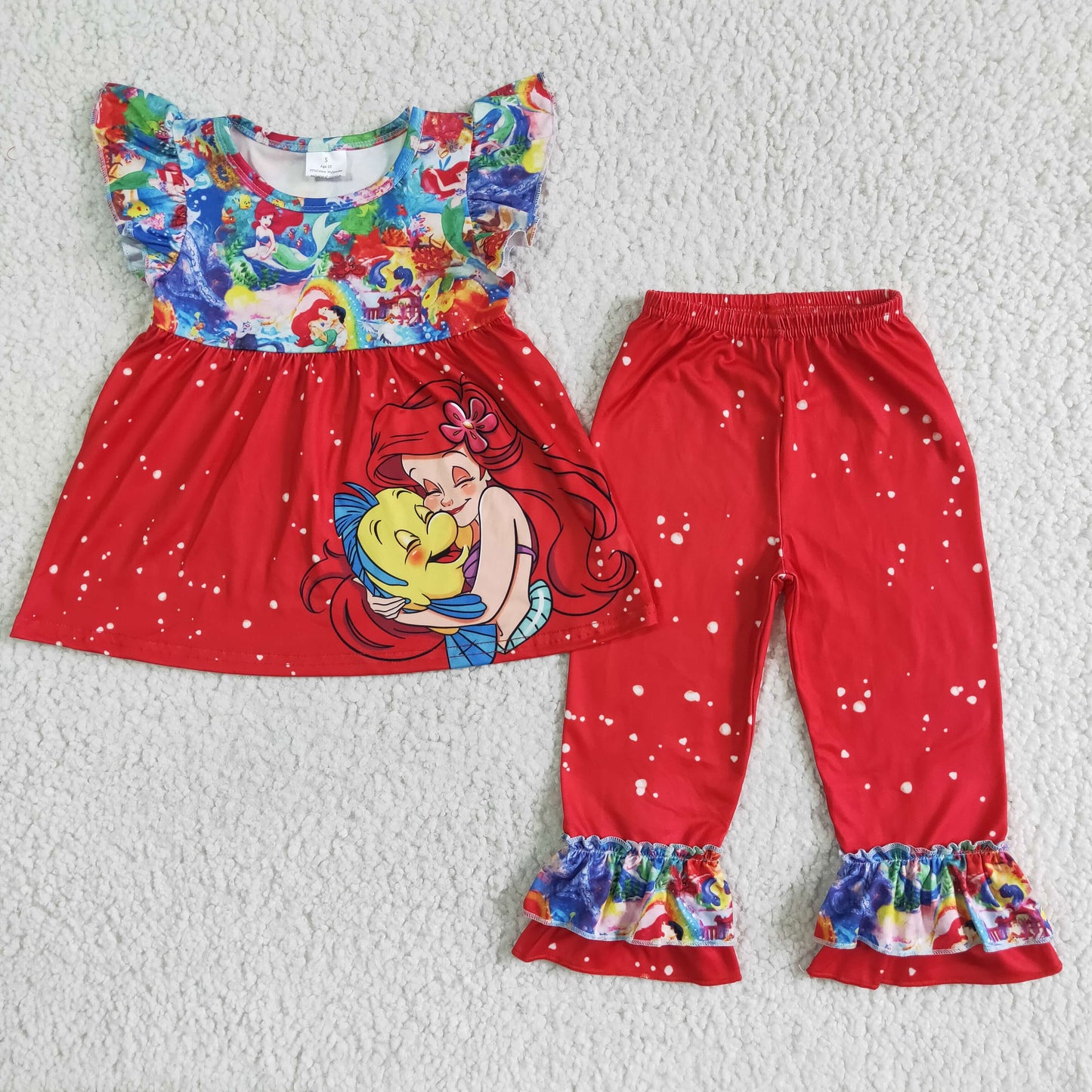 GSPO0034 cartoon mermaid princess red girl short sleeve long pant outfit 20230320 RTS