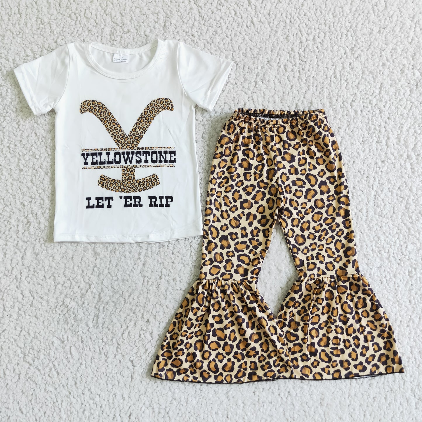 promotion RTS E7-26 white top yellow stone letters leopard short sleeve bell bottom girl outfits 0803