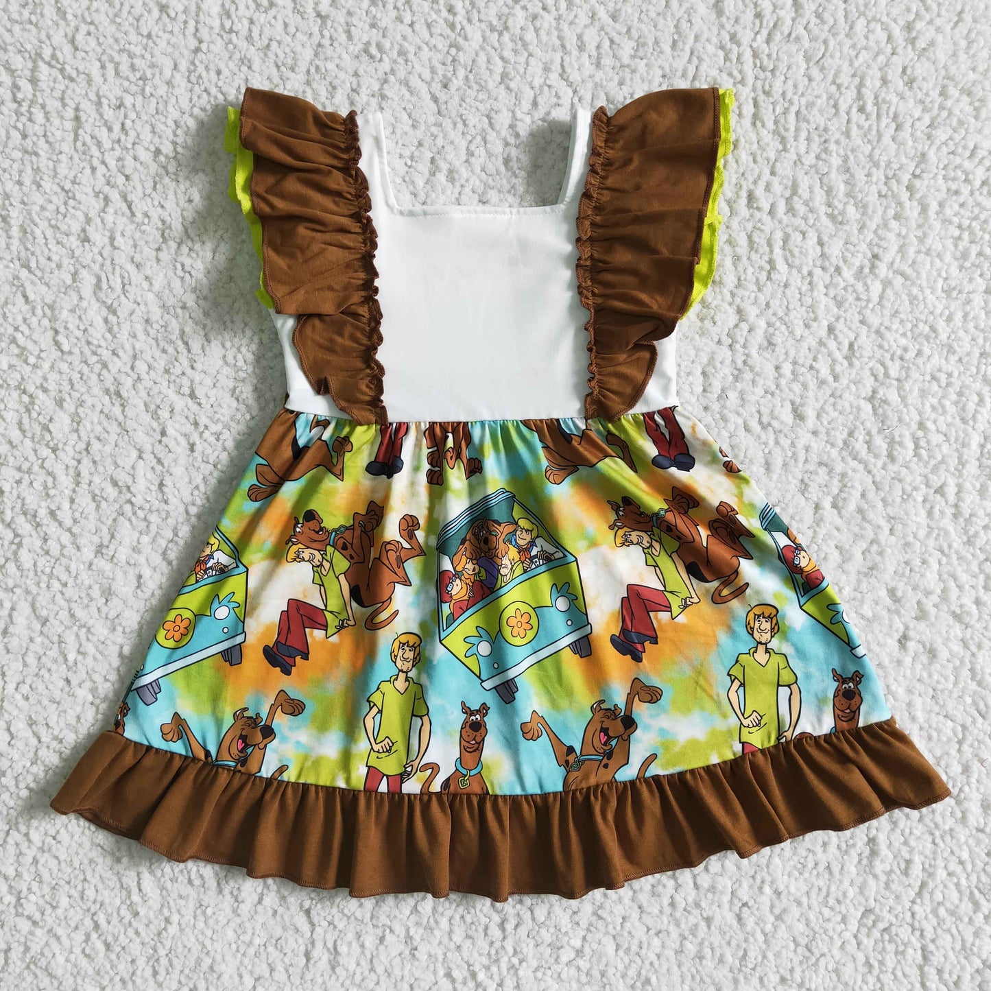 promotion girl cartoon dogs bus brown green flutter short sleeve dress 0328