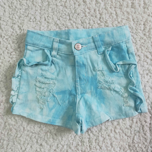 RTS ruffle pockets girl button bleach blue color ripped denim shorts 0528