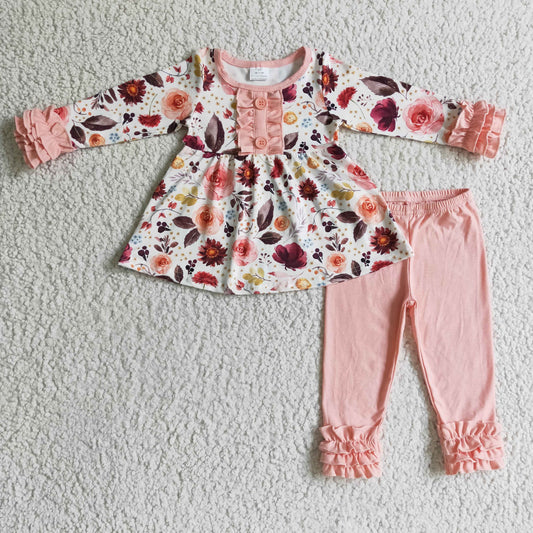 promotion 6 C7-20 RTS long sleeves flower pink legging pants fall girl outfit