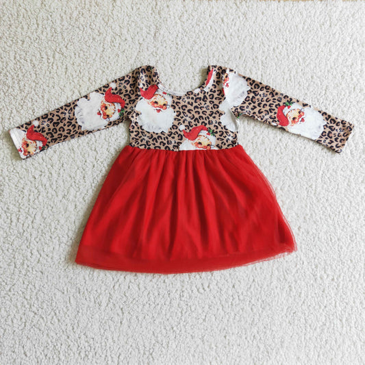 Christmas Santa Leopard gauze long sleeve GIRL dress 0927 preorder
