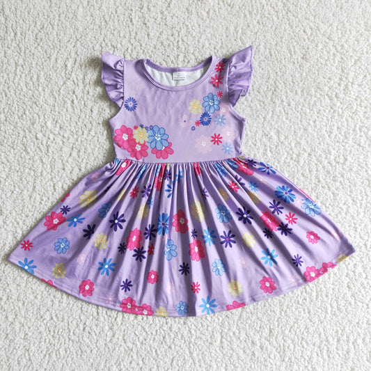 promotion purple floral magic girl flutter short sleeve dress0316