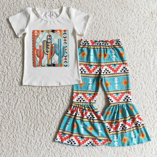 cactus print stripe girl short sleeve bell bottom pant outfitc 0929 RTS