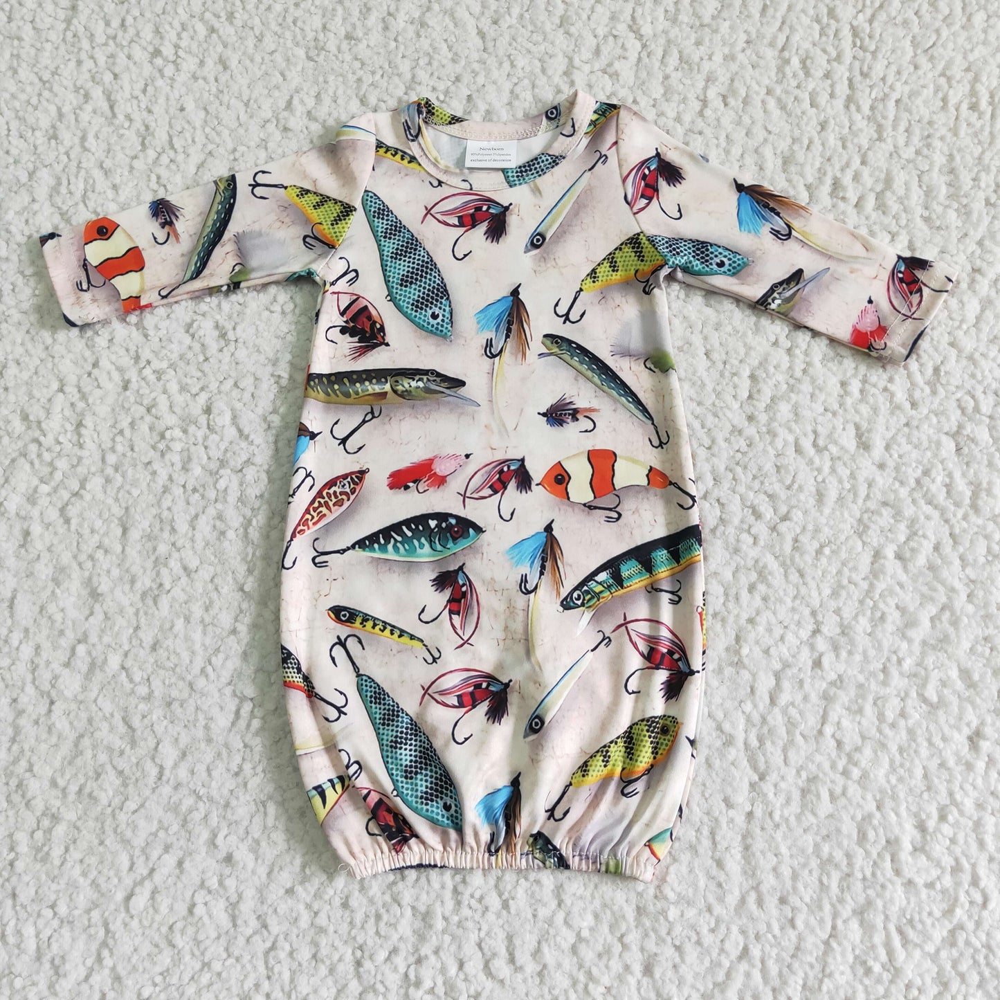 RTS Green red fish print girl floral white long sleeve romper gown RTS 202405