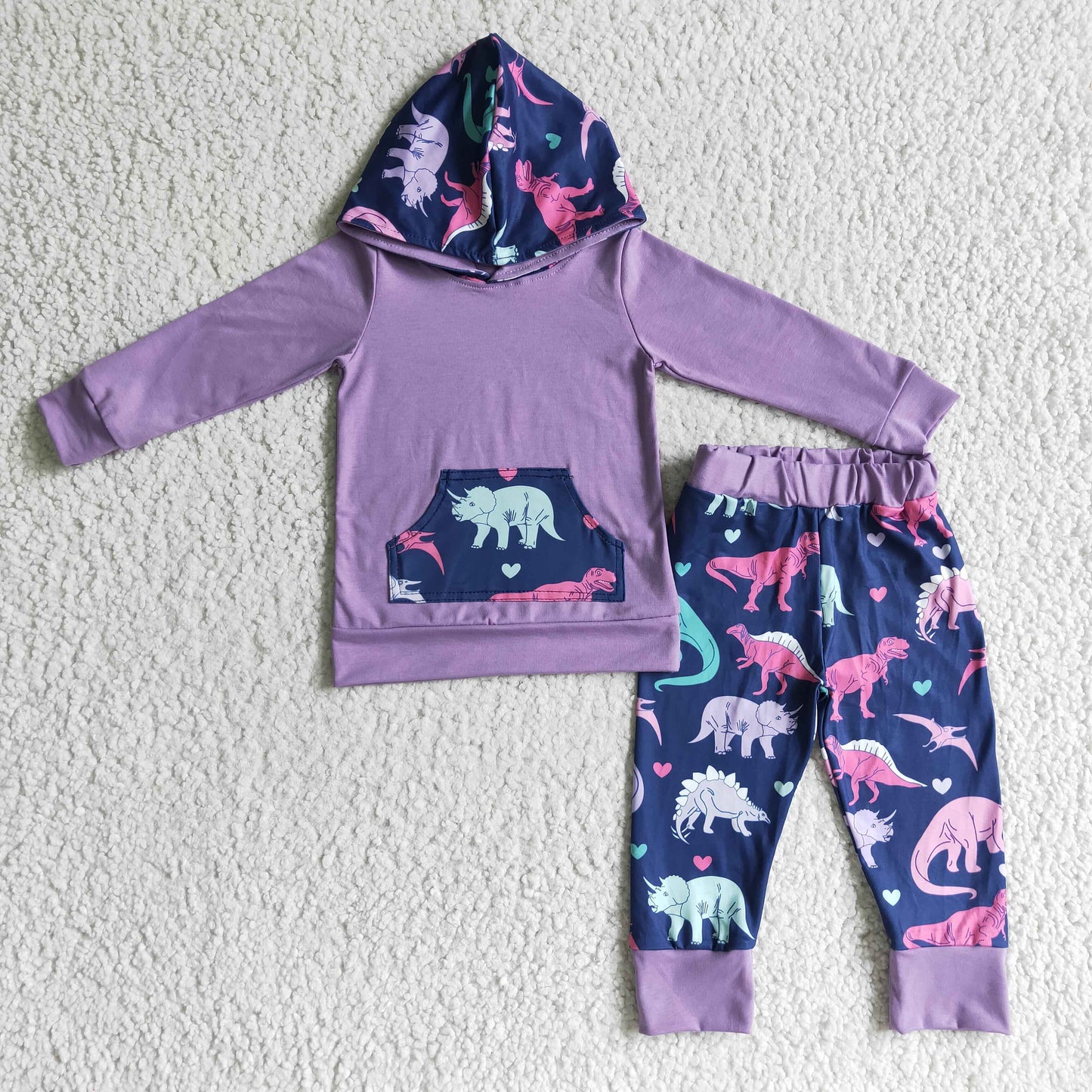 6 A18-2 Purple dinosaur long sleeve boy hoodie outfit RTS 1130