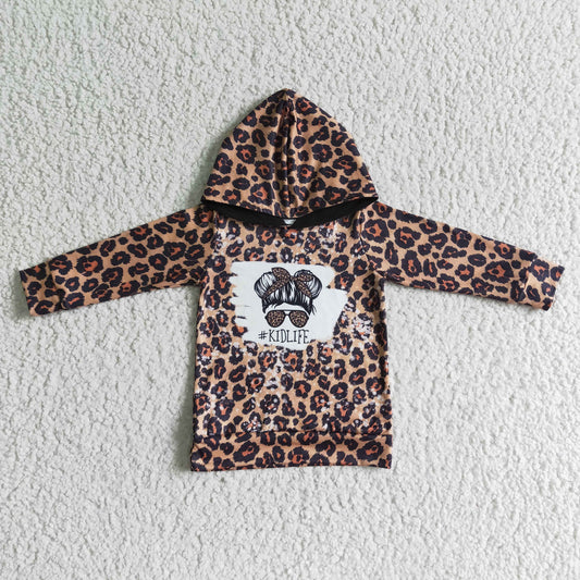 6 C9-18 kids life  glasses girl leopard hoodie top 0617 RTS