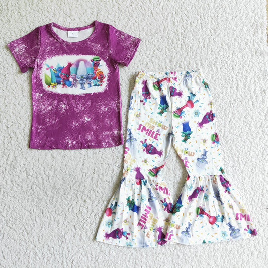 RTS purple smile long hair short sleeve bell bottom girl outfits 0809