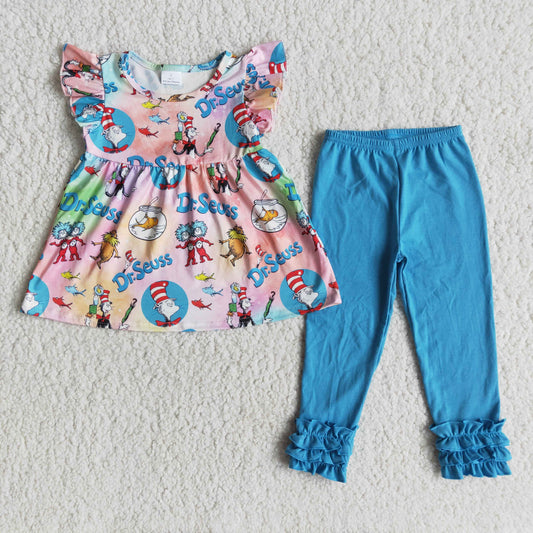cartoon reading cat hat letters blue puffy short sleeve blue legging pant girl outfit RTS