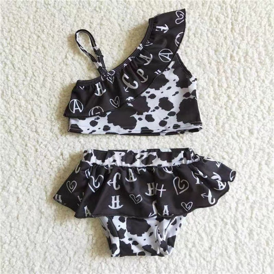 S0003 black ruffles white cow print letters girls swimwear swim suit outfits 20230328 RTS