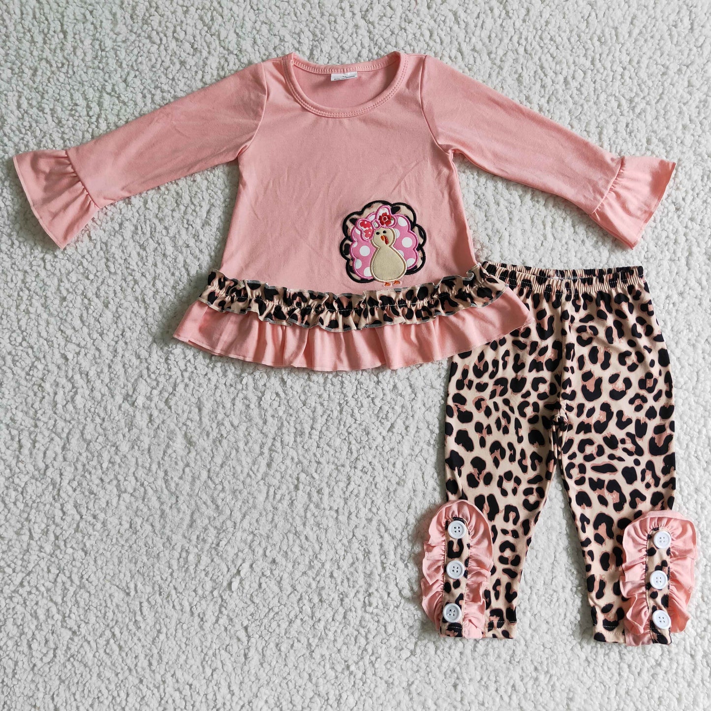 GLP0172  RTS embroidered pink turkey long sleeve leopard pants girl outfit thanksgiving 0913