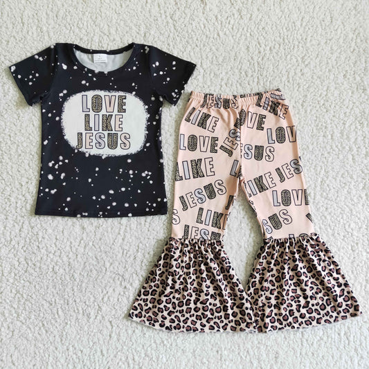 RTS love like jesus leopard print bell bottom long sleeve outfit 0516