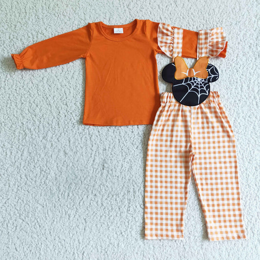 GLP0067 RTS orange mouse bat bow plaid overall jumpsuit suspender pants girl outfit 1009