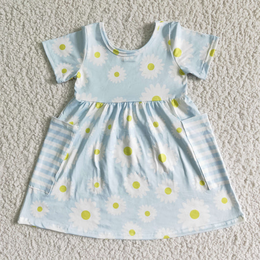 GSD0096 RTS blue sunflower Daisy short sleeves pockets girl dress 0609