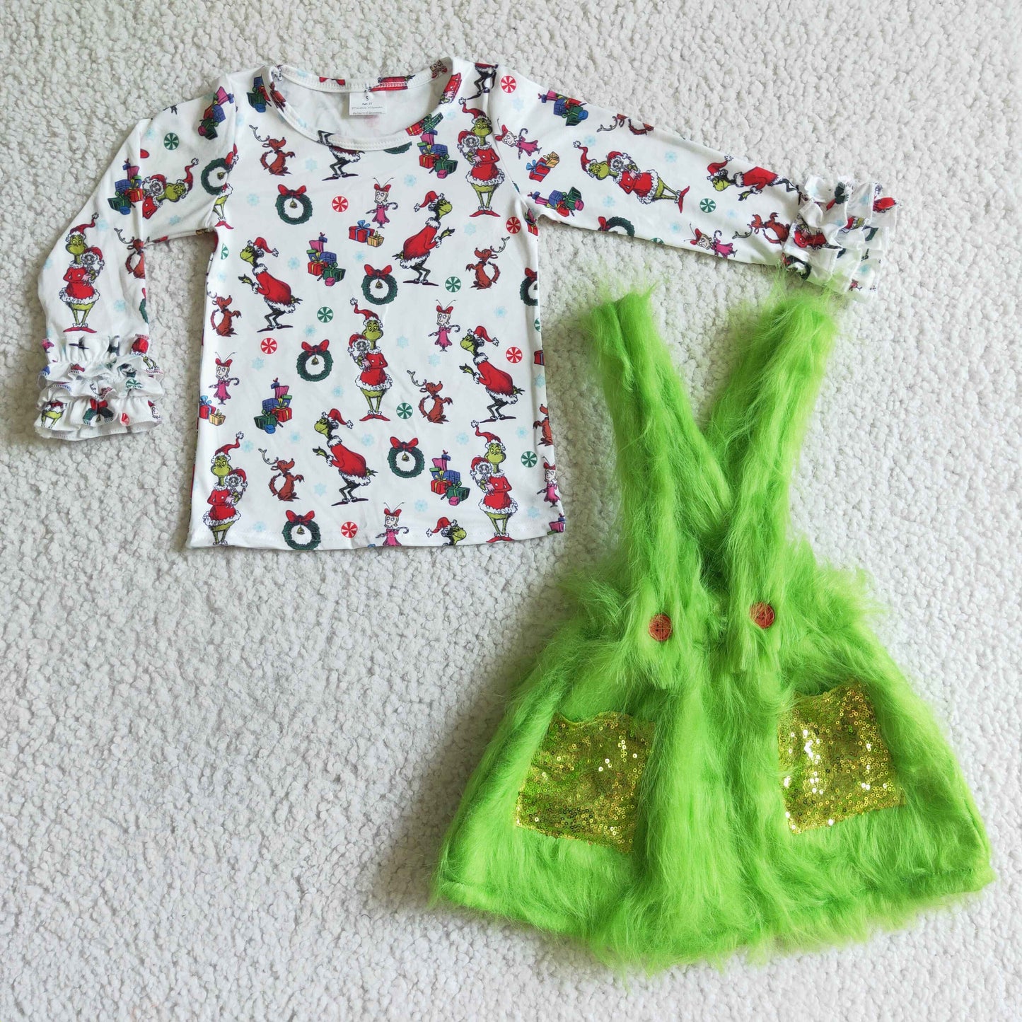 6 C11-39 Green cartoon faux fur suspender skirt match long sleeve shirt girl christmas outfits 20230530 RTS