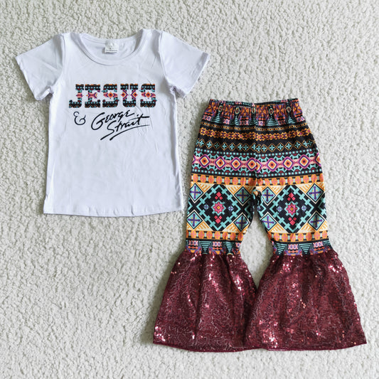 promotion RTS A3-9 white short sleeve Jesus sequin bell bottom girl outfits RTS 20230628