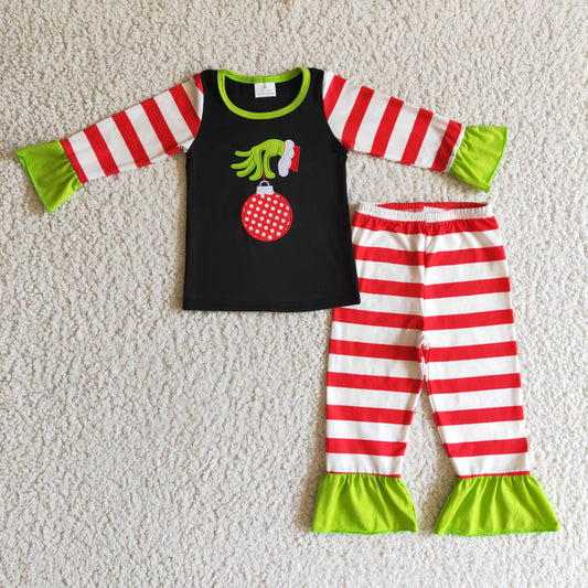 Christmas cartoon green grin pink stripe long sleeve embroidered girl pajamas 1013 RTS