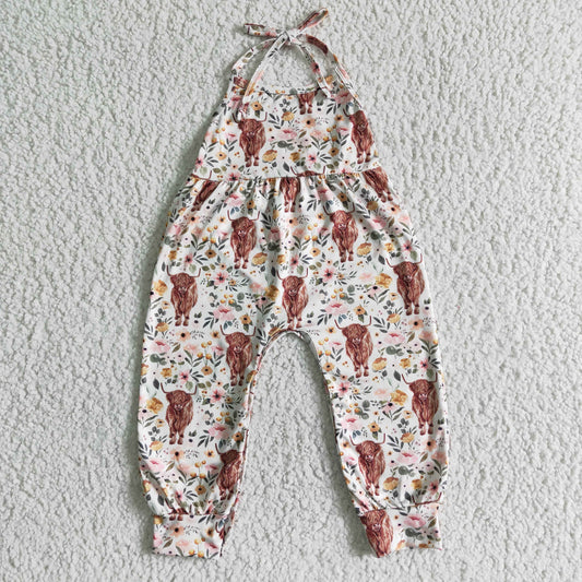 SR0042 RTS brown cow flower farm print  sling shouder jumpsuit overall romper 0509