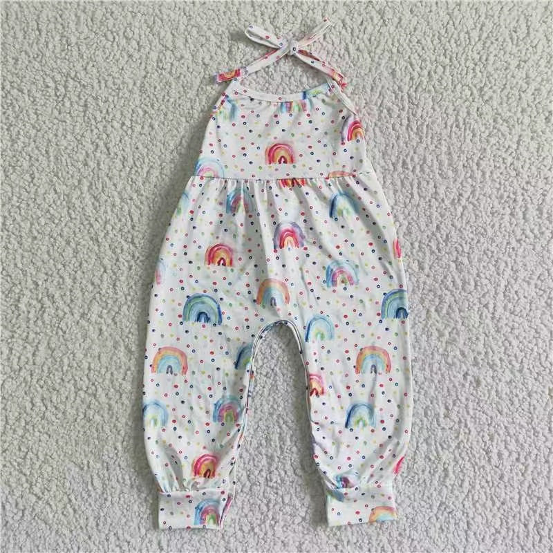 SR0050 RTS white colorful rainbow dots print girl sling overall 20230209