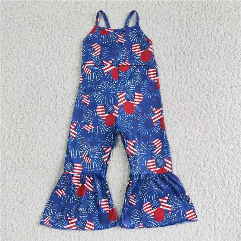 SR0056 4th July American national Day firework blue red flag overall shoulder sling jumpsuit real pic 0520