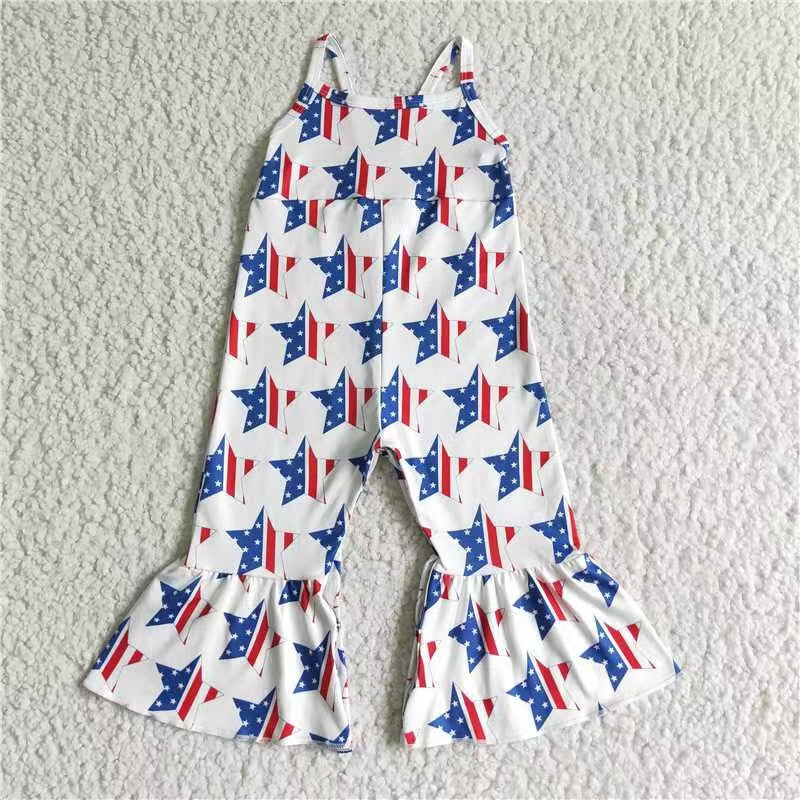 SR0057 RTS 4th July USA American national Day blue red stars bell bottom overall shoulder sling jumpsuit 20230308 RTS