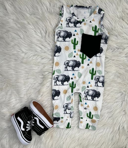 RTS 0713  cow cactus pocket sleeveless romper