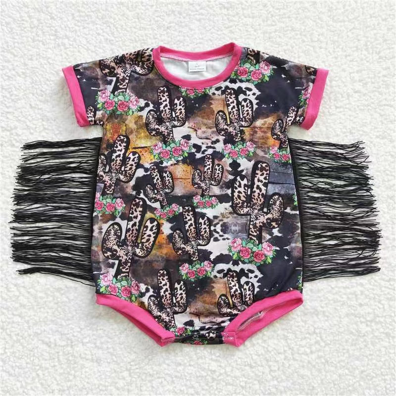 SR0108 USA westerntassel fringle cow short sleeve girl bubble romper20230323 RTS