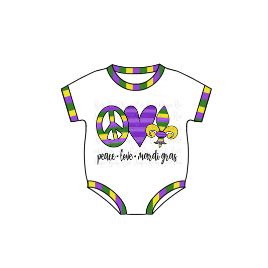 1029  short sleeve PEACE LOVE Mardi Gras boy bubble romper preorder SR0123