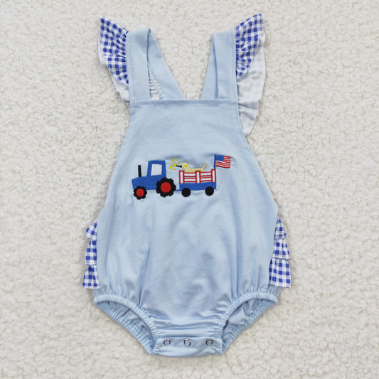 SR0274 embroidery tractor Baseball American national Day 4th july short sleeve kids boy girl Baby romper 20230306 RTS